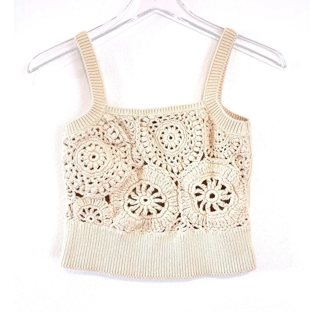 J.Crew | Cream Floral Crochet Crop Tank Top – Boho Knit Summer Camisole - Picture 2 of 5